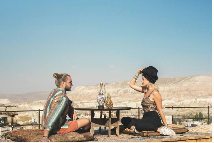 Breathtaking sunset view over Cappadocia's valleys and fairy chimneys